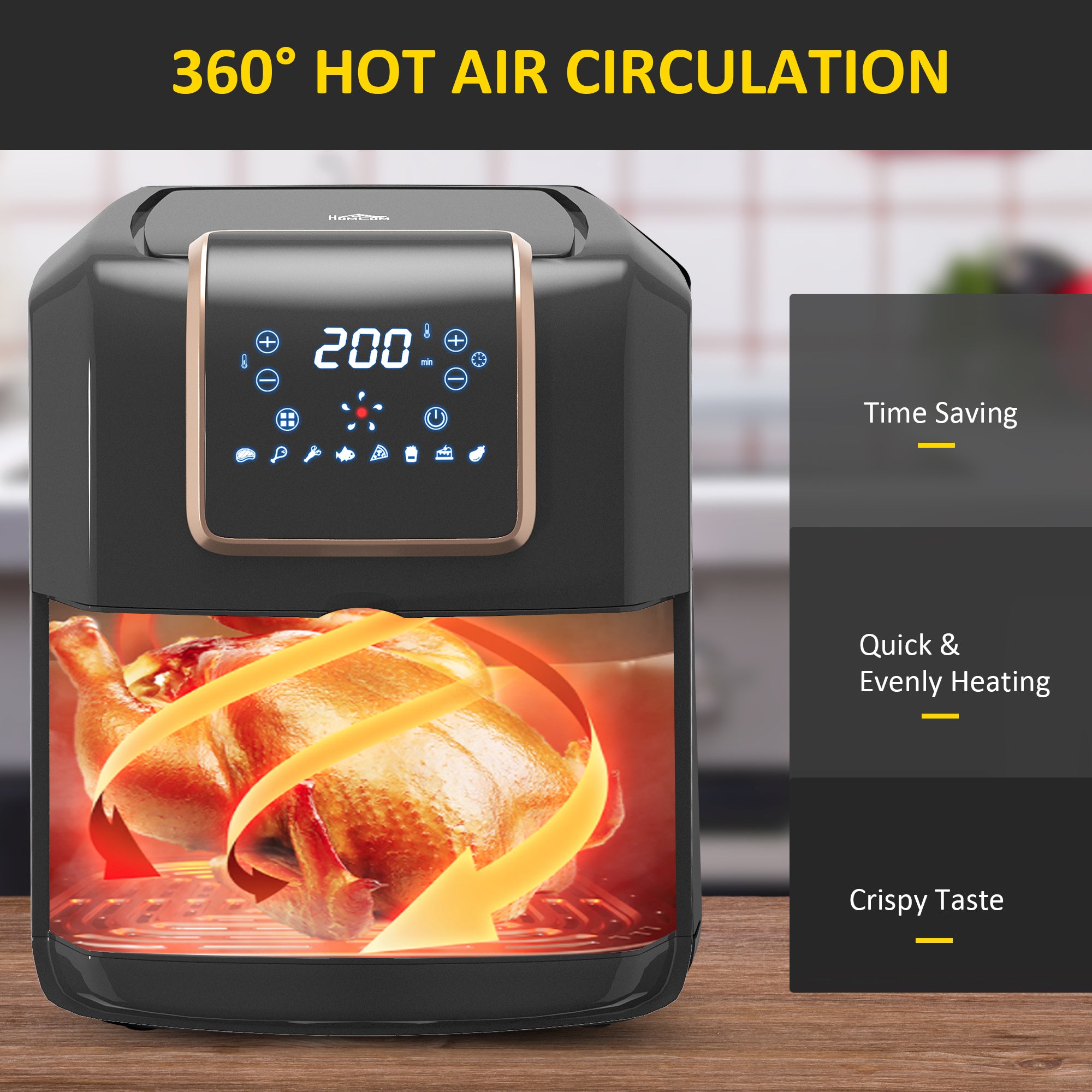 HOMCOM 6.5L Single Basket Air Fryer, 80-200°C Temperature, Black and Gold Tone